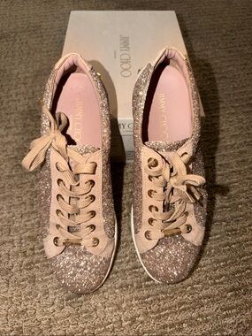 Jimmy Choo Blush Pink Glitter Low-Top Lace-Up Sneakers